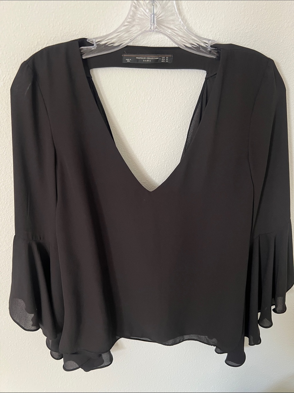 Zara Black V-Neck Bell Sleeve Blouse